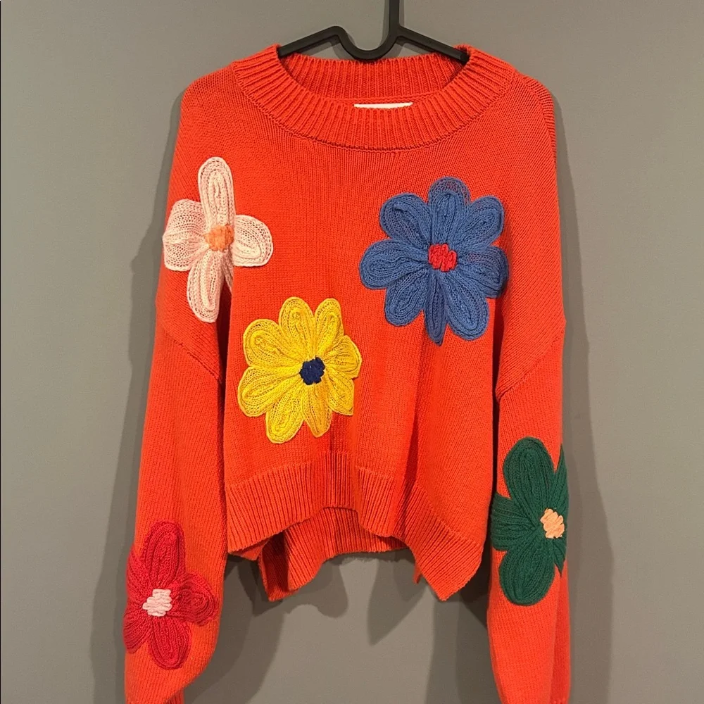 moon & madison Orange Crewneck Sweater with Multicolor Floral Appliqués - Picture 2 of 3